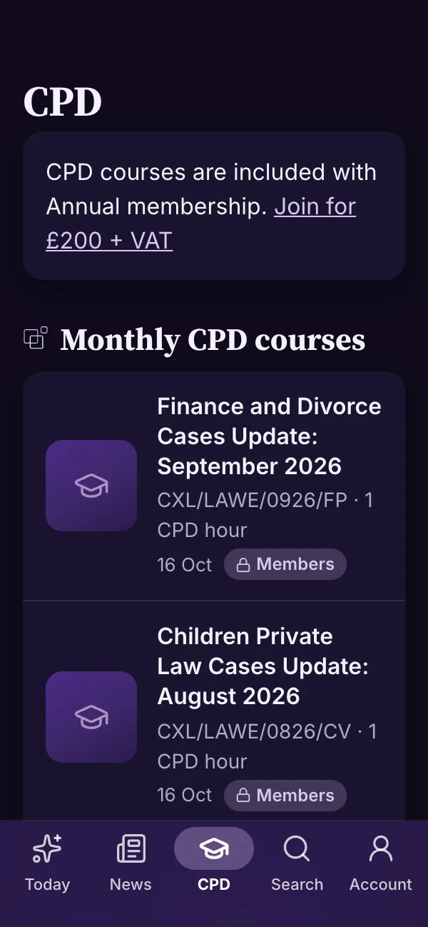 The CPD screen in dark mode, listing this month’s CPD courses