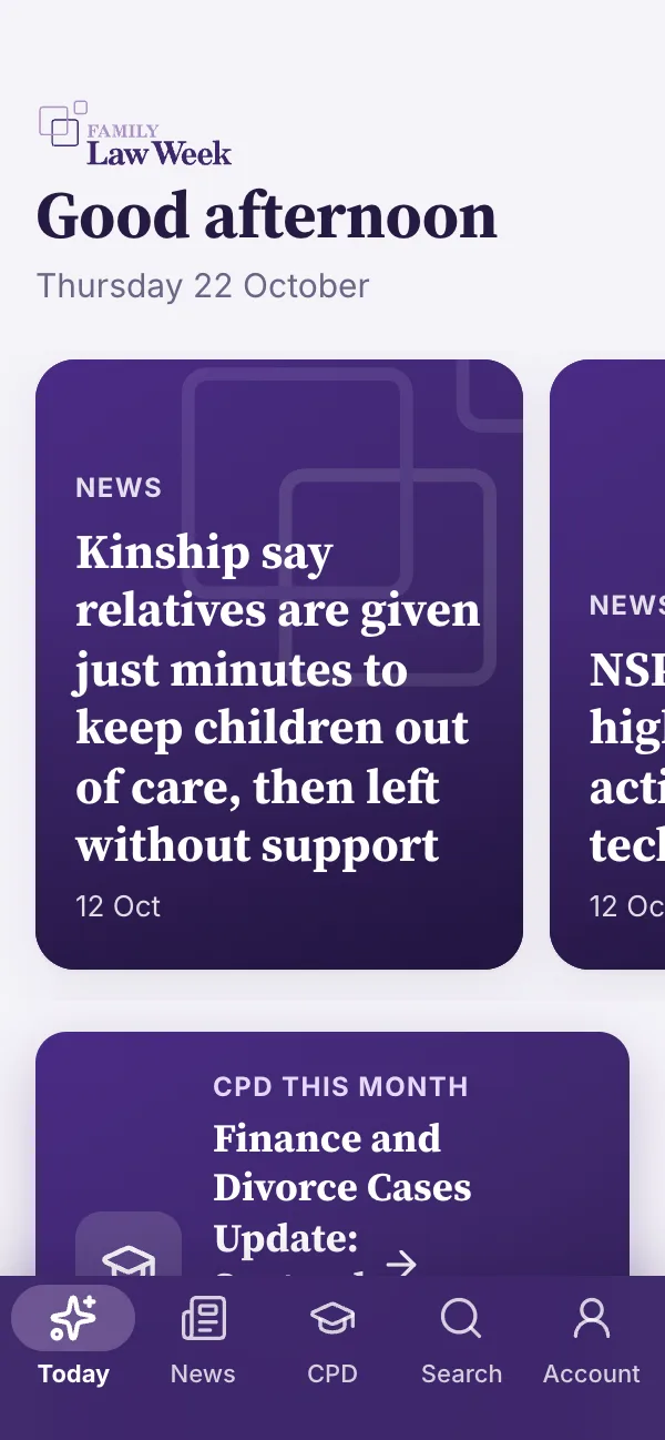 The app’s Today screen, with top stories and this month’s CPD